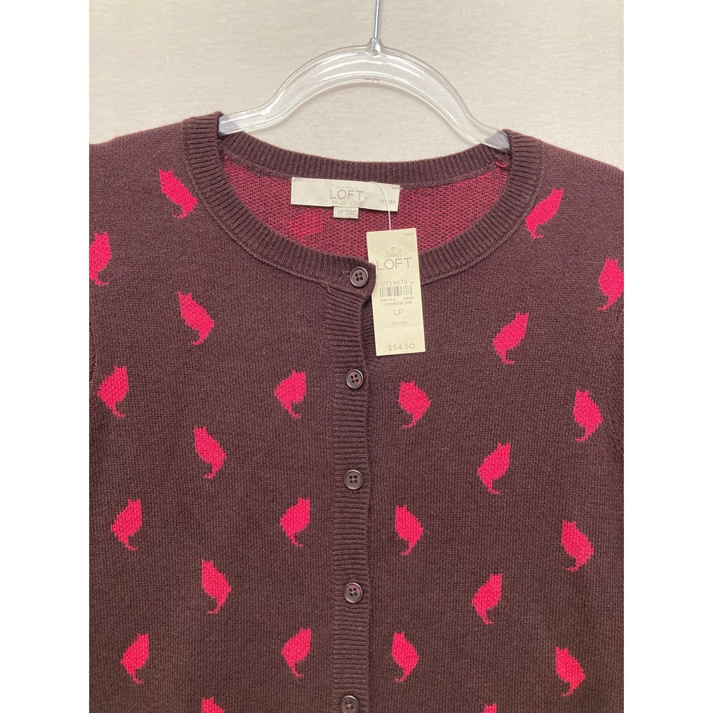 New Ann Taylor LOFT Cardigan Large Petite Burgundy Cat Print Novelty Preppy